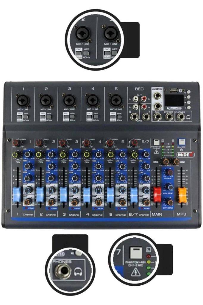 Midex MDX-07FXU 7 Kanal Ses Mikseri Deck Mikser (Kayıt USB Efekt